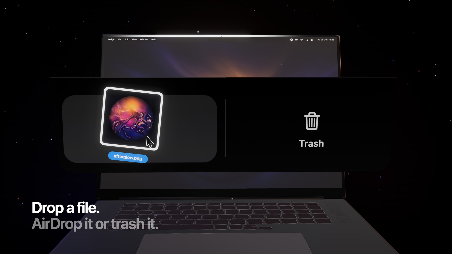 A file hovering over Ledge, with AirDrop on the left and Trash on the right.