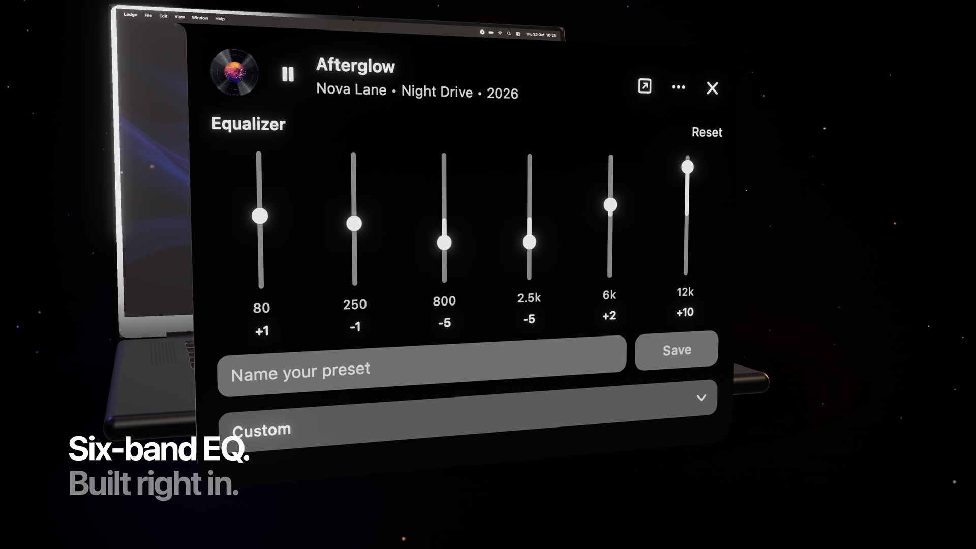 The six-band equalizer with a field for naming a preset.