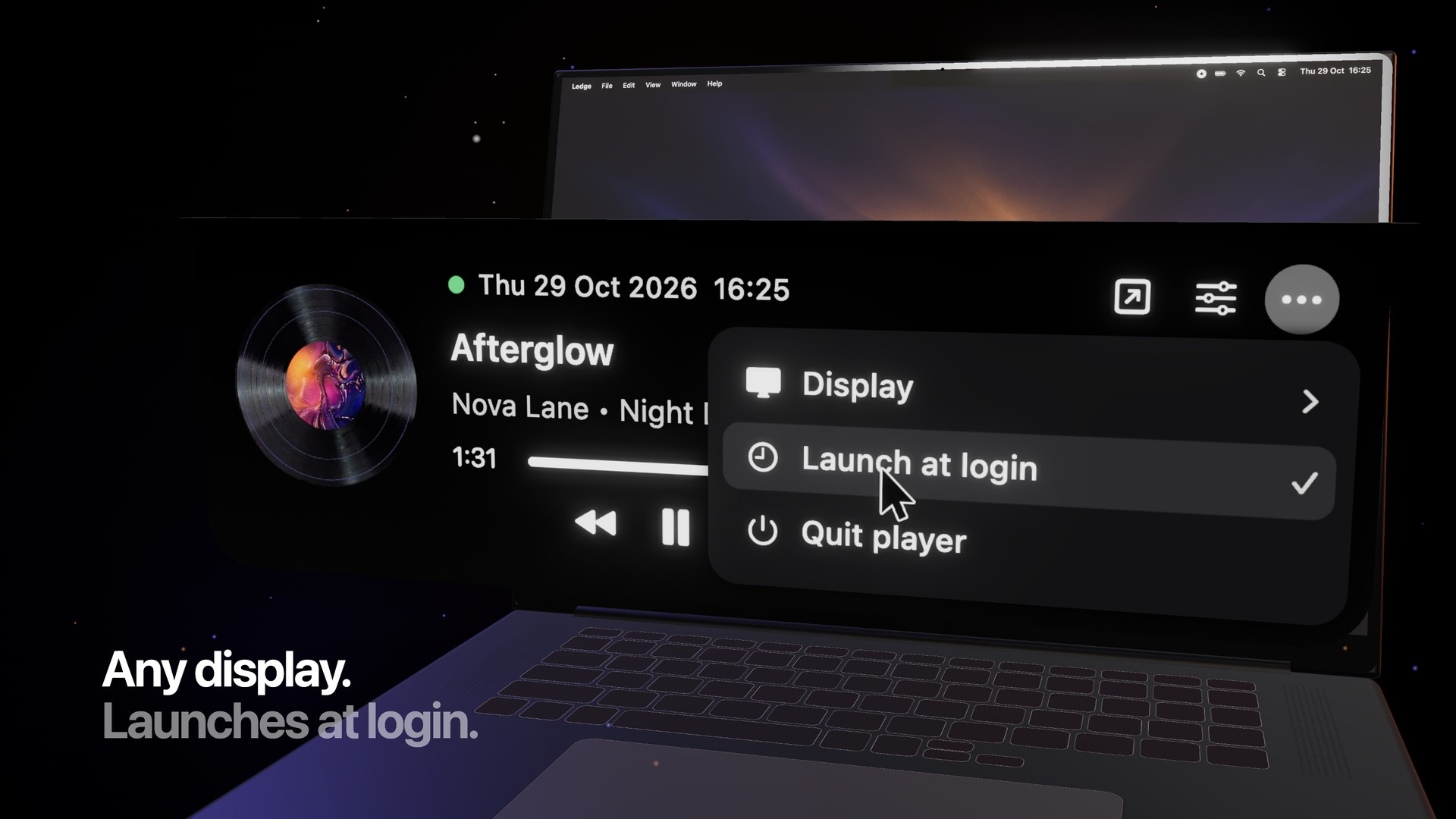The Ledge menu with a display picker and launch at login.